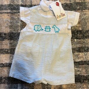 Vintage Blue and White Seersucker embroidered collared romper